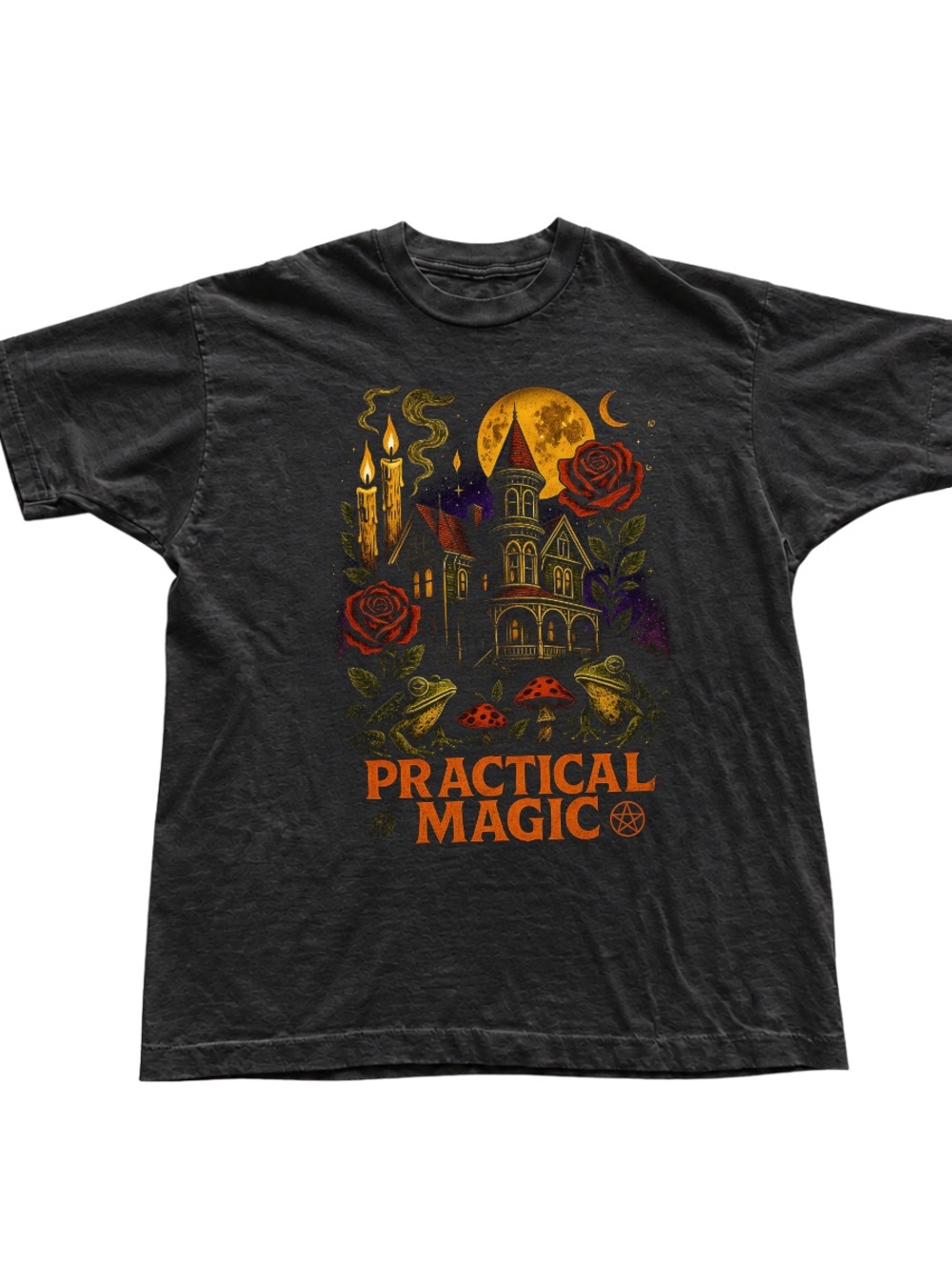 Black Practical Magic Graphic Tee with Orange and Red Accents